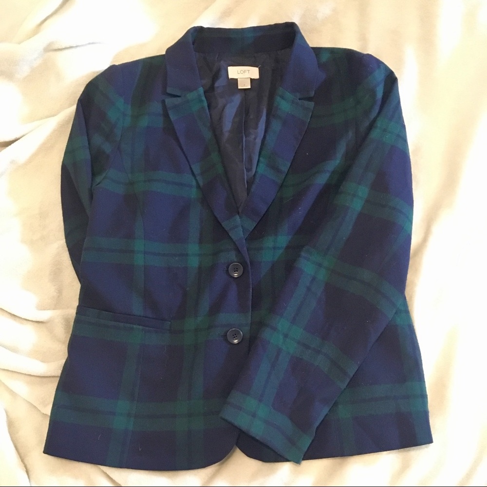 Navy and green plaid blazer 